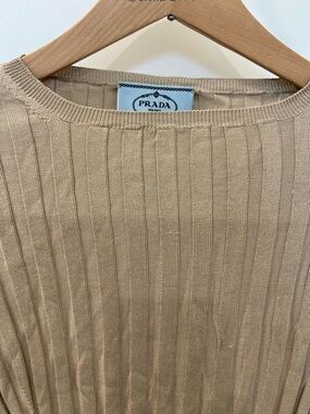 Prada Ribbed Knit Crewneck Tee in Taupe Beige